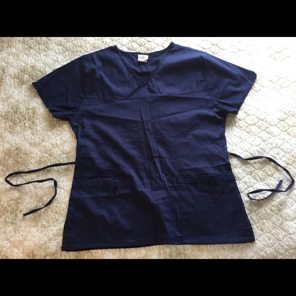 WHITE LABEL Navy Scrub Top Waist Tie Pockets Sz M